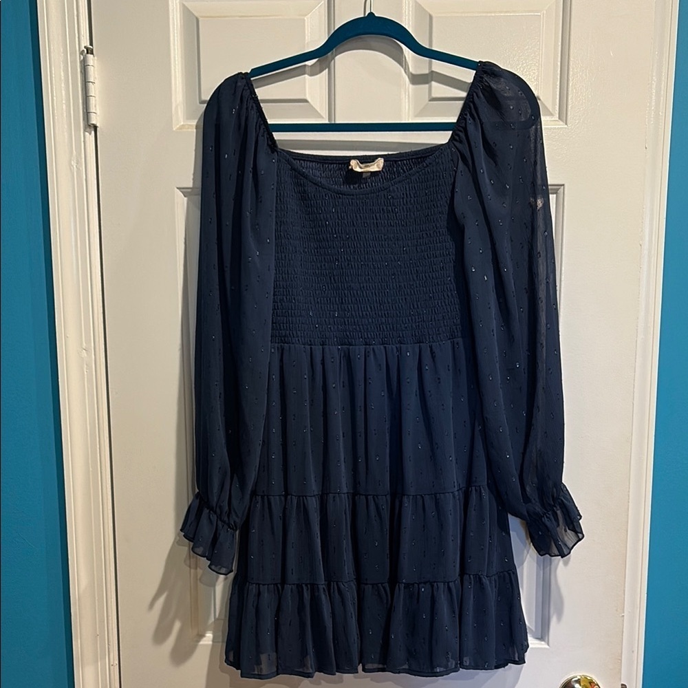 Altar’d State Harley smocked flare long sleeved boho mini dress blue sz M
